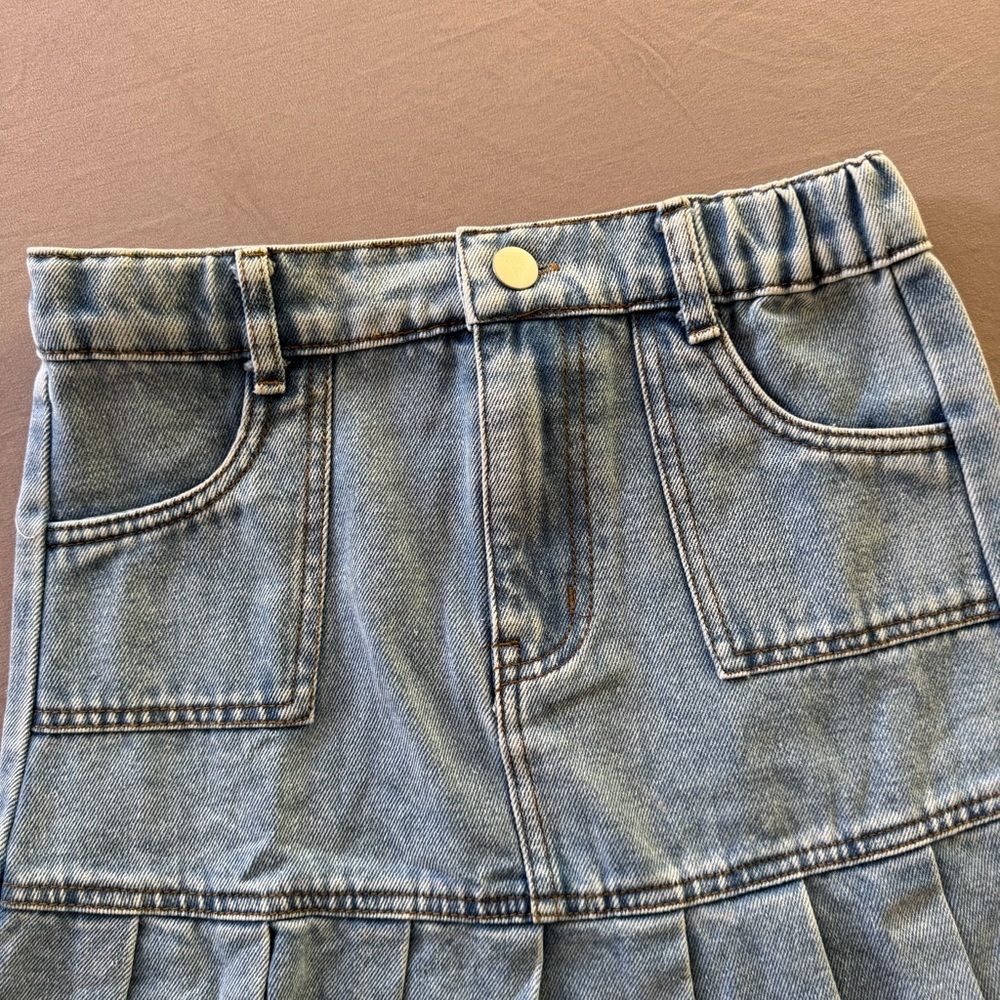 Pleated A Line Mini Denim Skirt - Picture 3 of 11